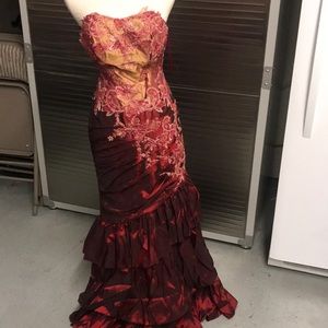 Maroon and pink and tan detailed dress